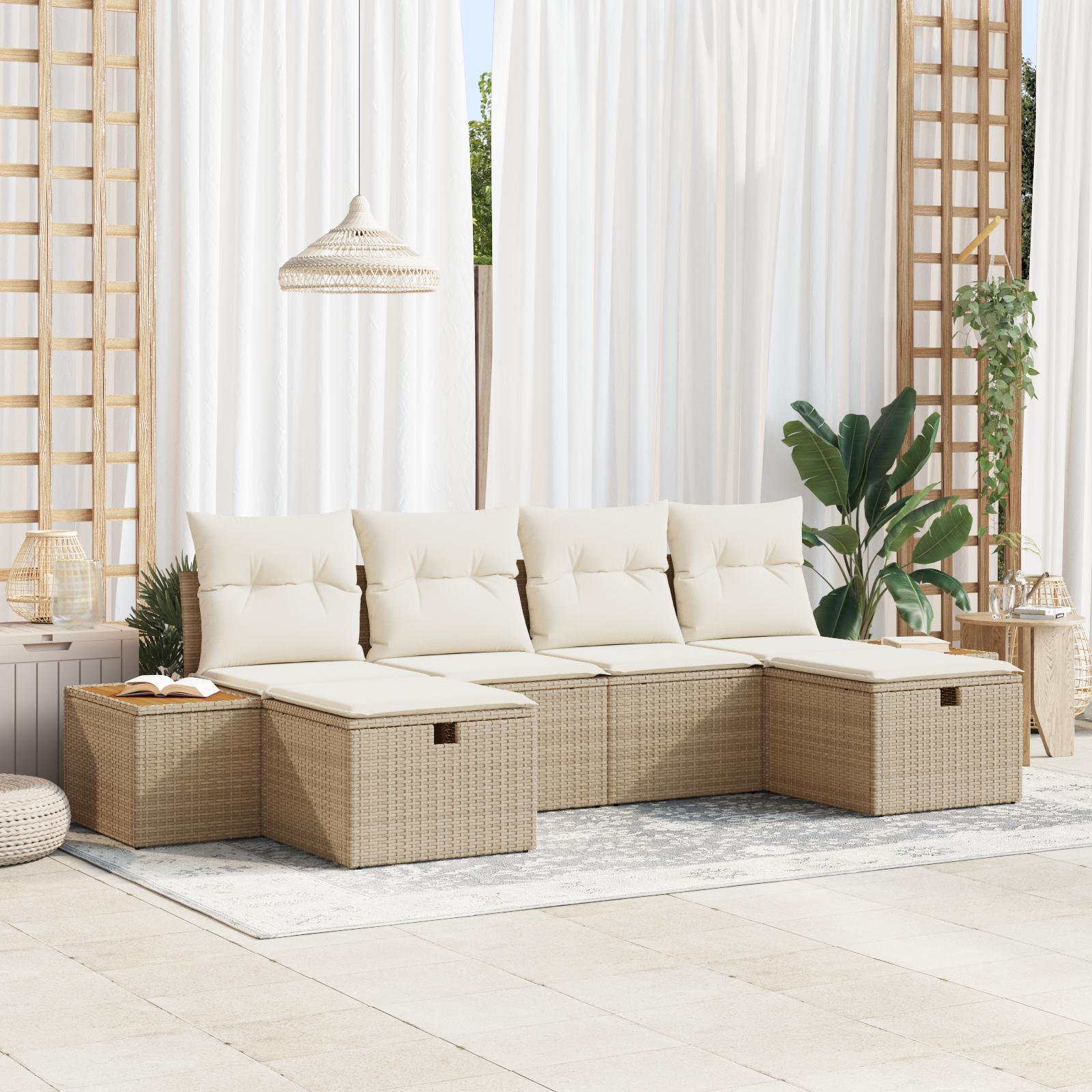 6-dele Have Sofa Sæt med Puder Beige Polyrattan&& 2-personers Have Sofa med Opbevaring & Puder Beige Polyrattan