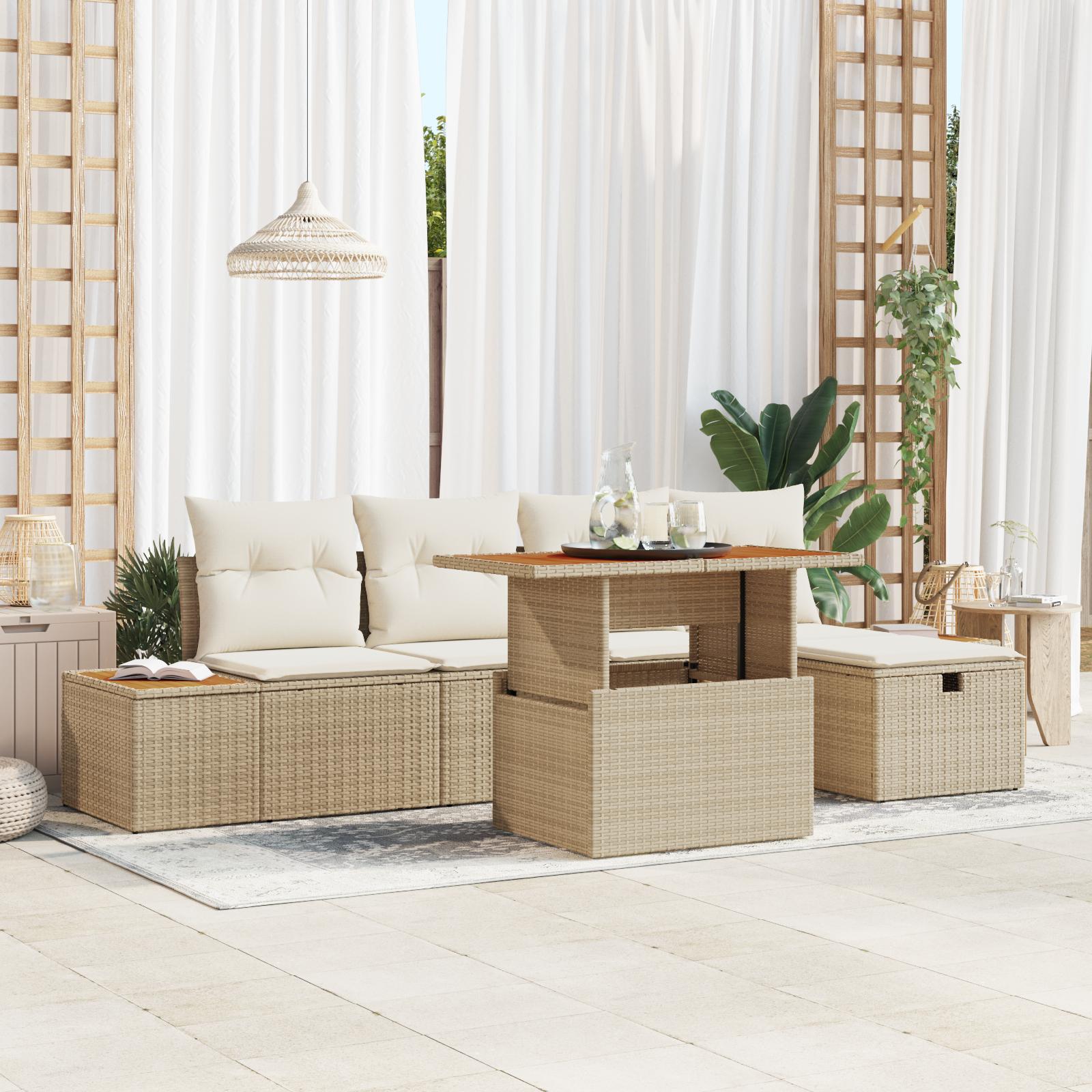 6-delt Have Sofa Sæt med Puder Beige Poly Rattan Acacia&& 2-Personers Have Sofa med Opbevaring & Puder Beige Poly Rattan