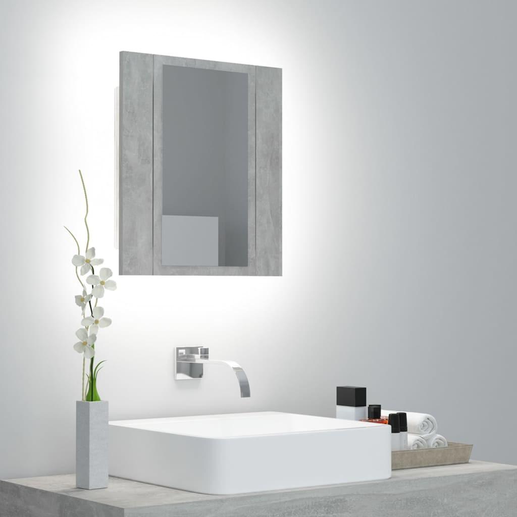 Badeværelsesskab m. spejl og LED-lys 40x12x45 cm akryl betongrå