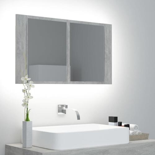 Badeværelsesskab m. spejl og LED-lys 80x12x45 cm akryl betongrå