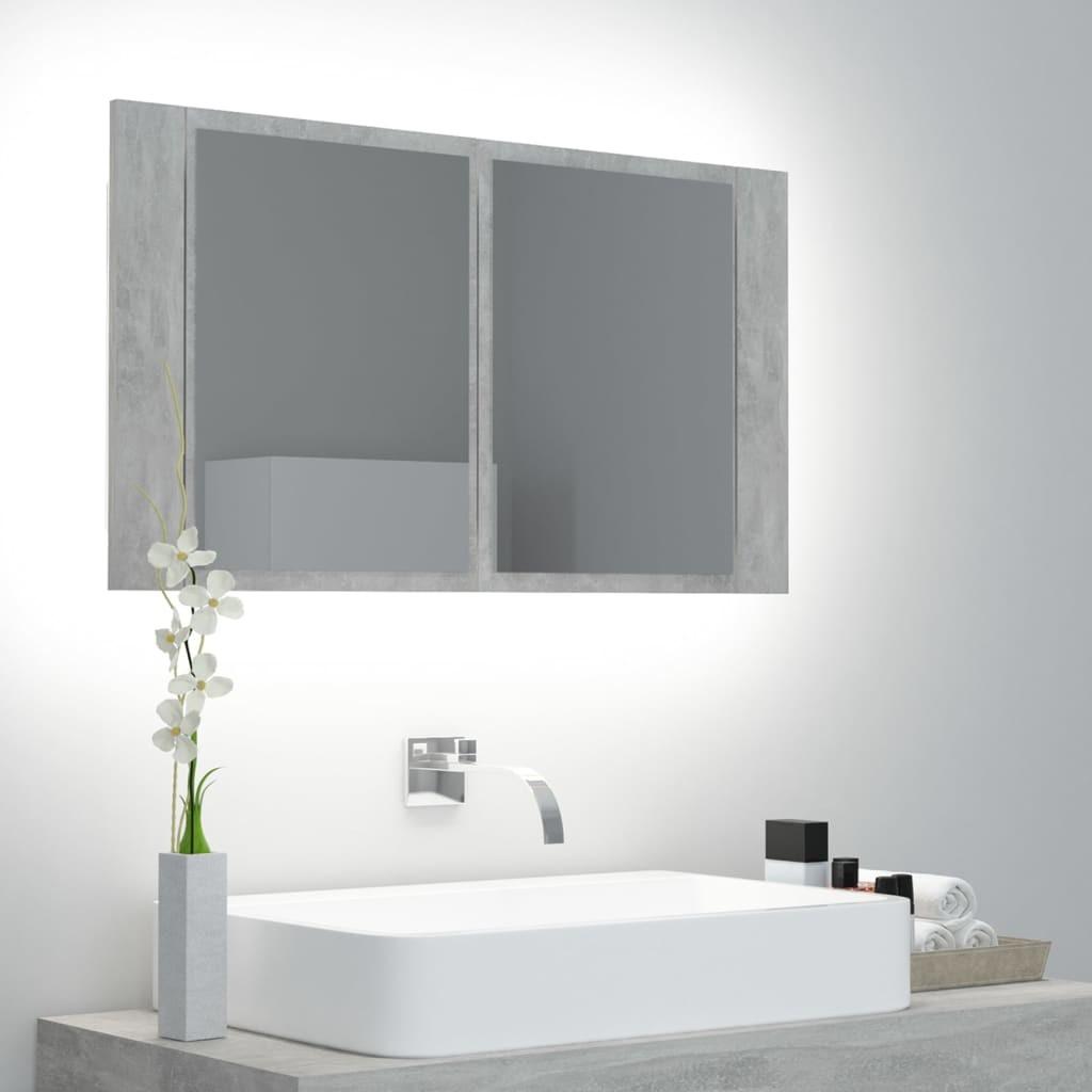 Badeværelsesskab m. spejl og LED-lys 80x12x45 cm akryl betongrå