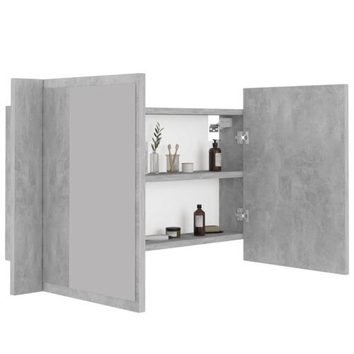 Badeværelsesskab m. spejl og LED-lys 80x12x45 cm akryl betongrå