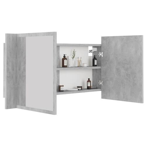 Badeværelsesskab m. spejl og LED-lys 90x12x45 cm akryl betongrå