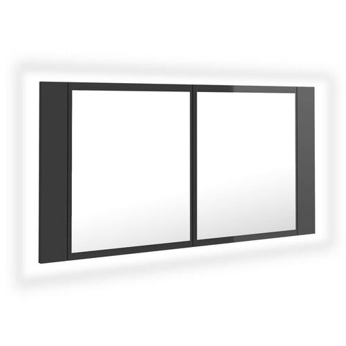 Badeværelsesskab m. spejl+LED-lys 90x12x45 akryl grå højglans