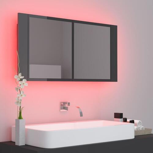 Badeværelsesskab m. spejl+LED-lys 90x12x45 akryl grå højglans