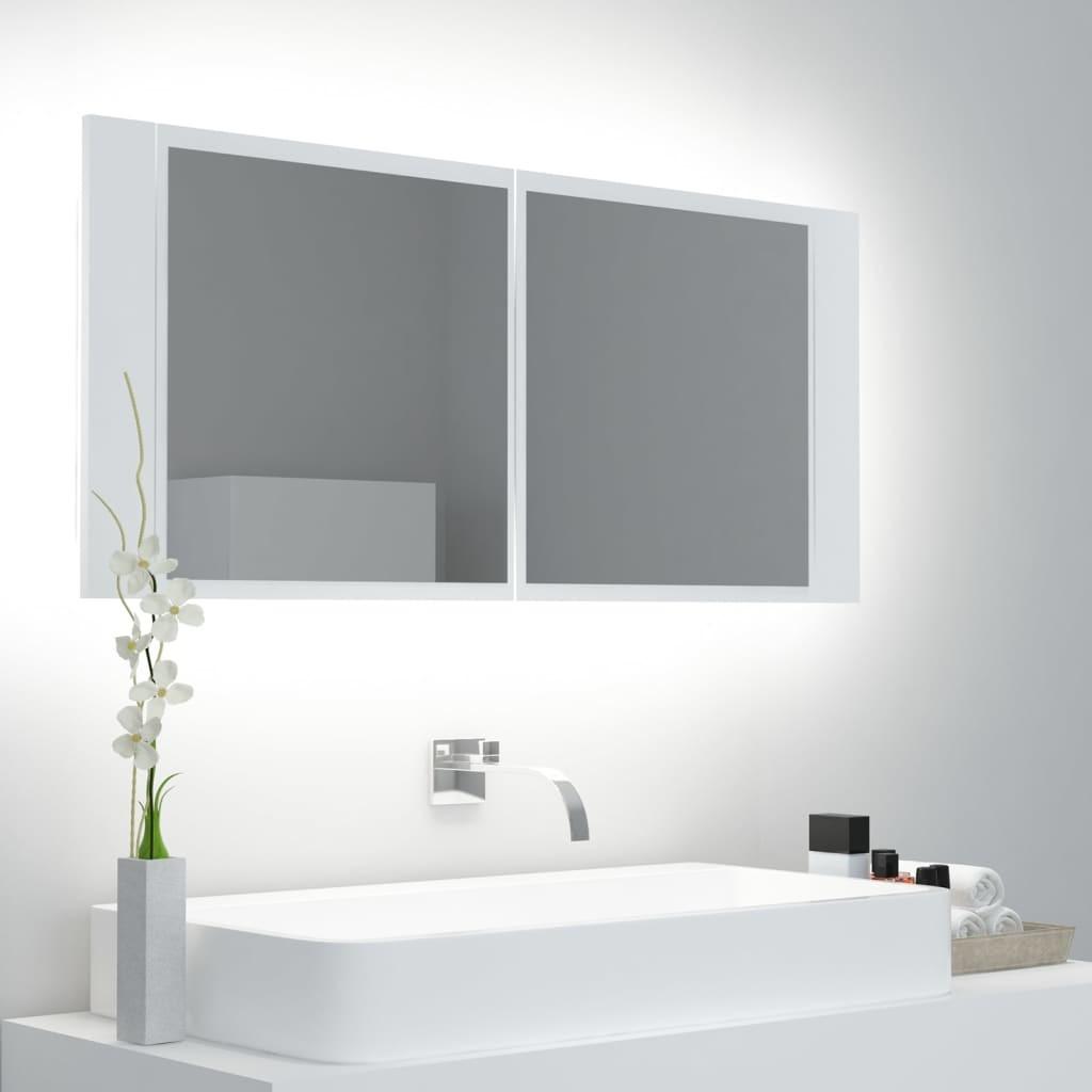 Badeværelsesskab med LED-lys 100x12x45 cm akryl hvid