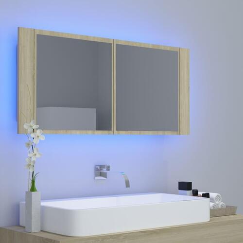 Badeværelsesskab m. spejl og LED-lys 100x12x45 akryl sonoma-eg