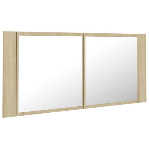 Badeværelsesskab m. spejl og LED-lys 100x12x45 akryl sonoma-eg