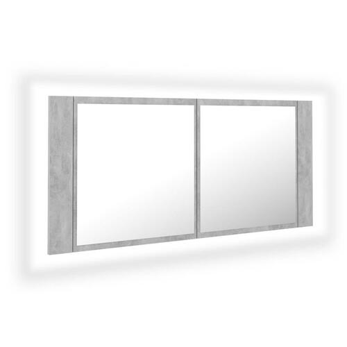 Badeværelsesskab m. spejl og LED-lys 100x12x45cm akryl betongrå