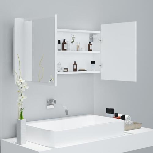 Badeværelsesskab m. spejl og LED-lys 90x12x45 cm akryl hvid
