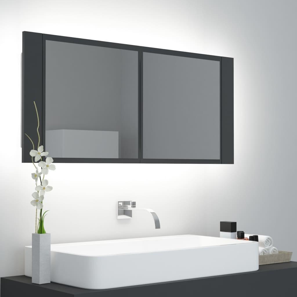 Badeværelsesskab m. spejl og LED-lys 100x12x45 cm akryl grå