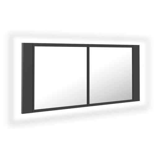 Badeværelsesskab m. spejl og LED-lys 100x12x45 cm akryl grå