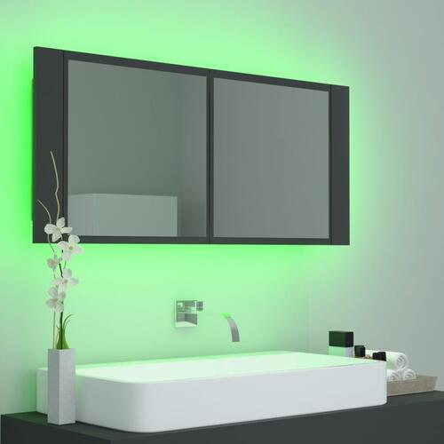 Badeværelsesskab m. spejl og LED-lys 100x12x45 cm akryl grå