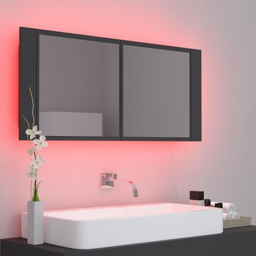 Badeværelsesskab m. spejl og LED-lys 100x12x45 cm akryl grå