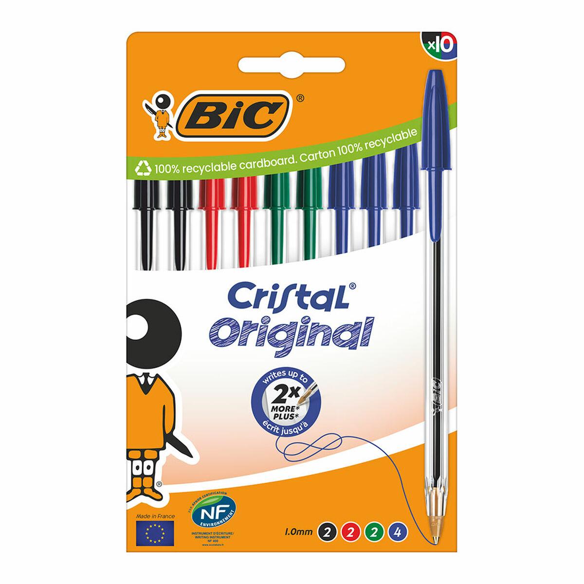 Bic Cristal kuglepenne - blå, sort, rød, grøn (10 stk.)