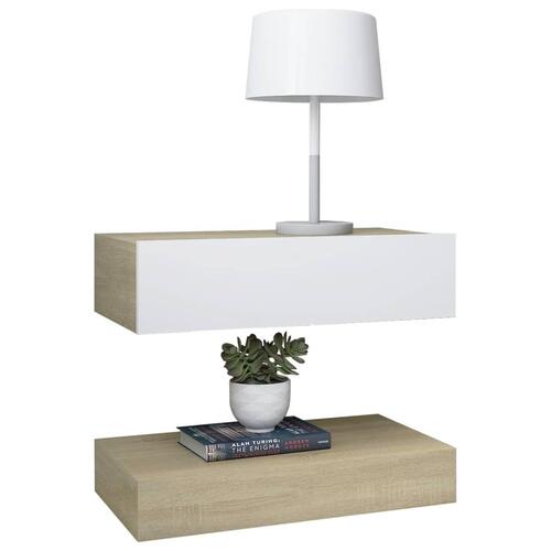 Sengebord 60x35 cm spånplade hvid og sonoma-eg