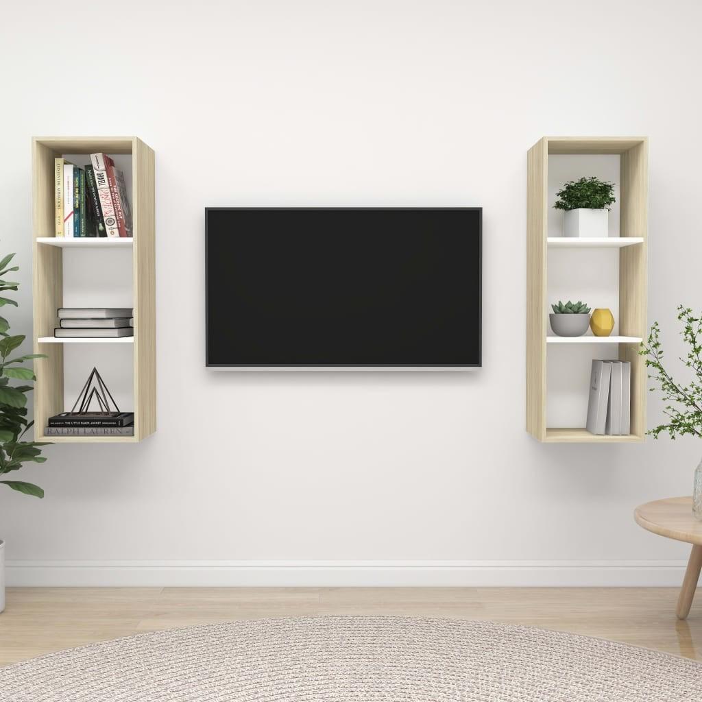 Væghængte tv-skabe 2 stk. spånplade hvid og sonoma-eg