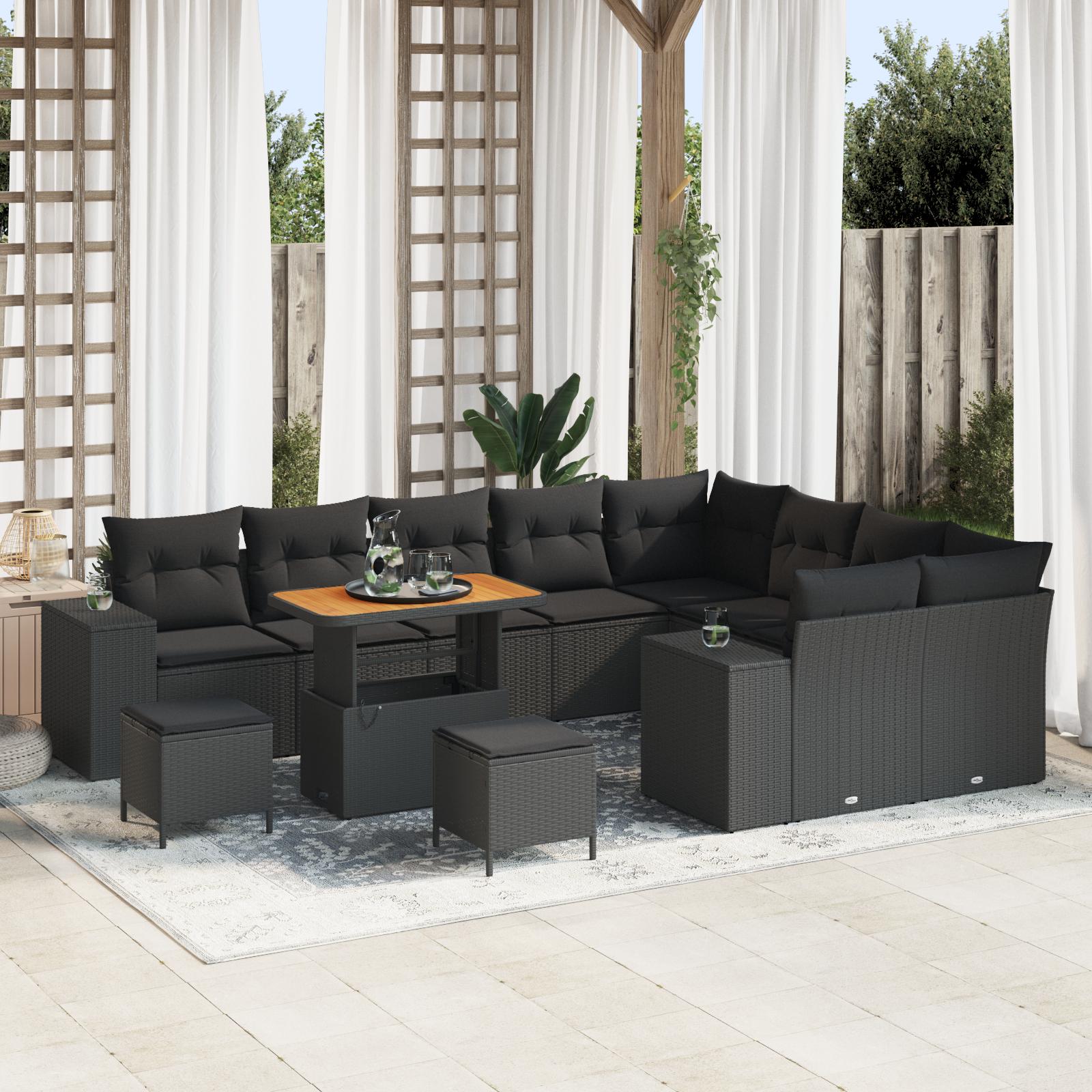 12 Piece Garden Sofa Set with Cushions Black Poly Rattan Acacia,  3 Piece Garden Dining Set with Cushions Black Poly Rattan Acacia