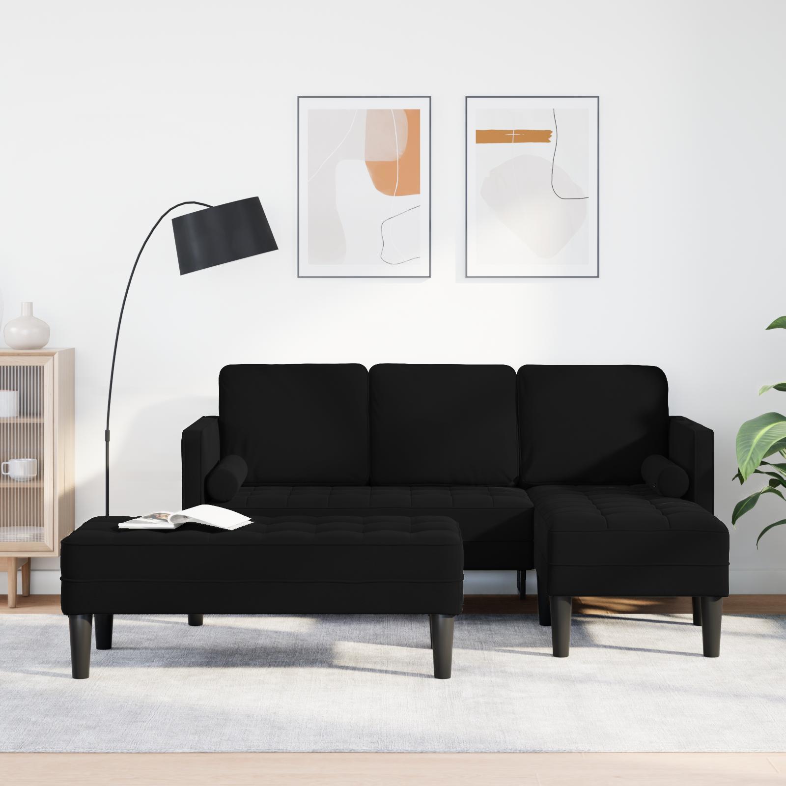 Have Sofa med Bænk og Puder L-formet Sort Velour,  3-personers Sofa med Chaise L-formet Sort 160 cm Velour,  Bænk Sort 113x57x39 cm Velour
