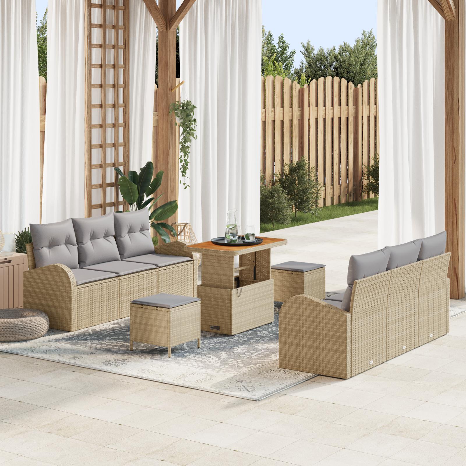 9 Dels Have Sofa Sæt med Puder Beige Poly Rattan Akacia,  2-personers Have Sofa med Puder Beige Poly Rattan,  3 Dels Have Spisestel med Puder Beige Poly Rattan Akacia