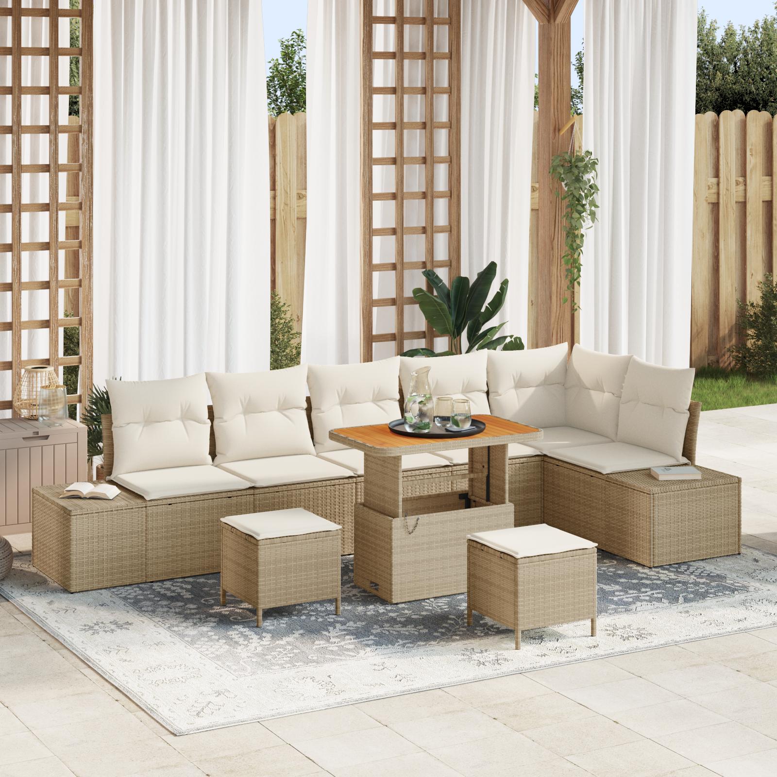 9 stykke have sofa sæt med puder beige poly rattan akacia,  2-personers have sofa med puder beige poly rattan,  3 stykke have spise sæt med puder beige poly rattan akacia