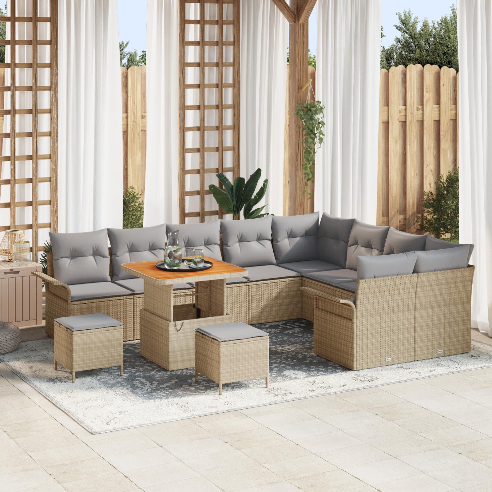 12 dele have sofa sæt med puder, beige poly rattan, akacia,  3 dele have spise sæt med puder, beige poly rattan, akacia,  2-pers. have sofa med puder, beige poly rattan