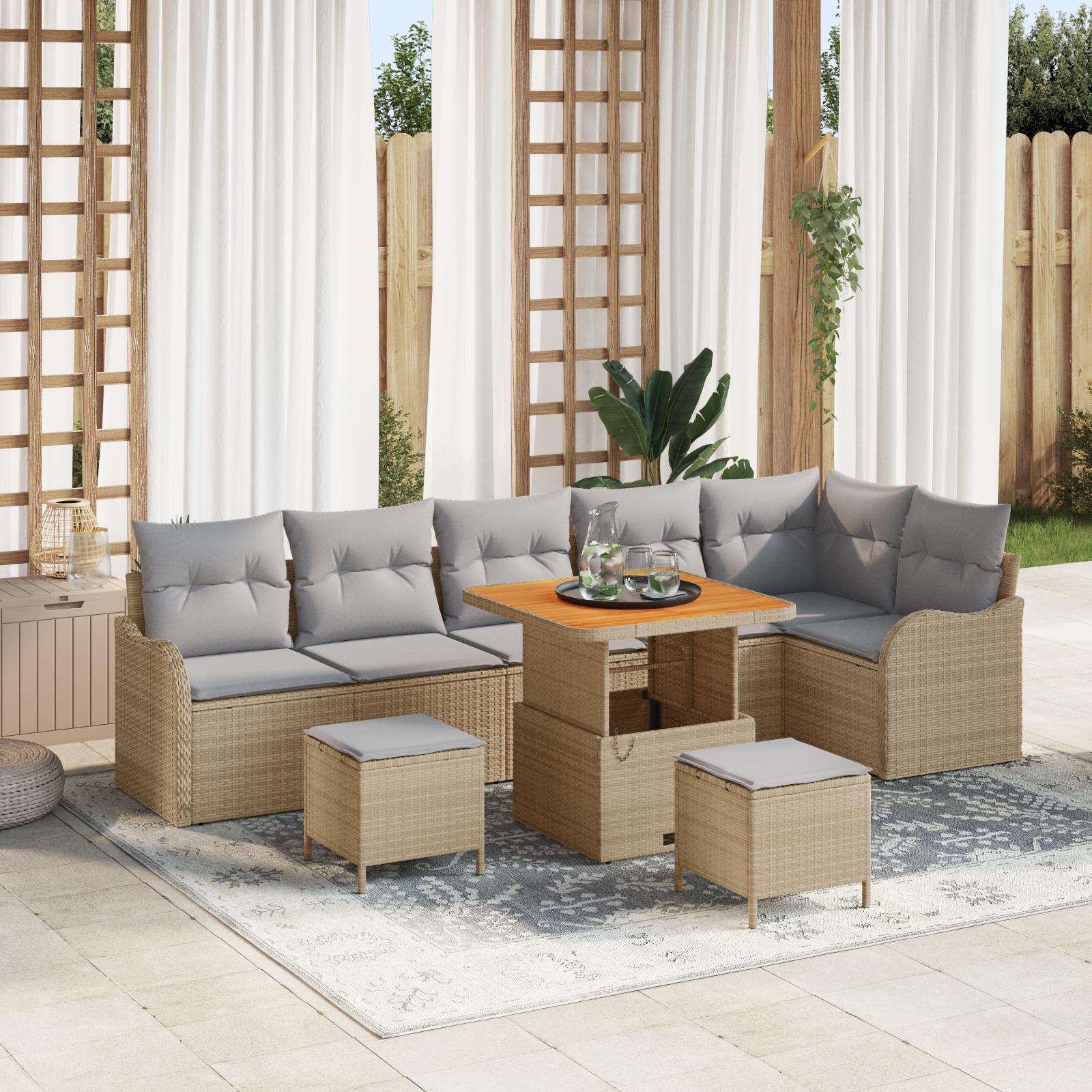 9 Piece Have Sofa Sæt med Puder Beige Poly Rattan Akacia,  2-Personers Have Sofa med Puder Beige Poly Rattan,  3 Piece Have Dining Set med Puder Beige Poly Rattan Akacia