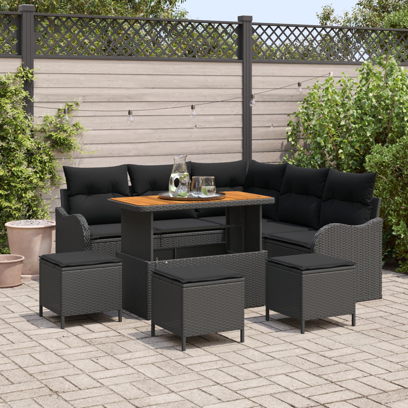 Havesofa Sæt med pude med pude 9 stk Sort 110 x 55 x 71 cm billede
