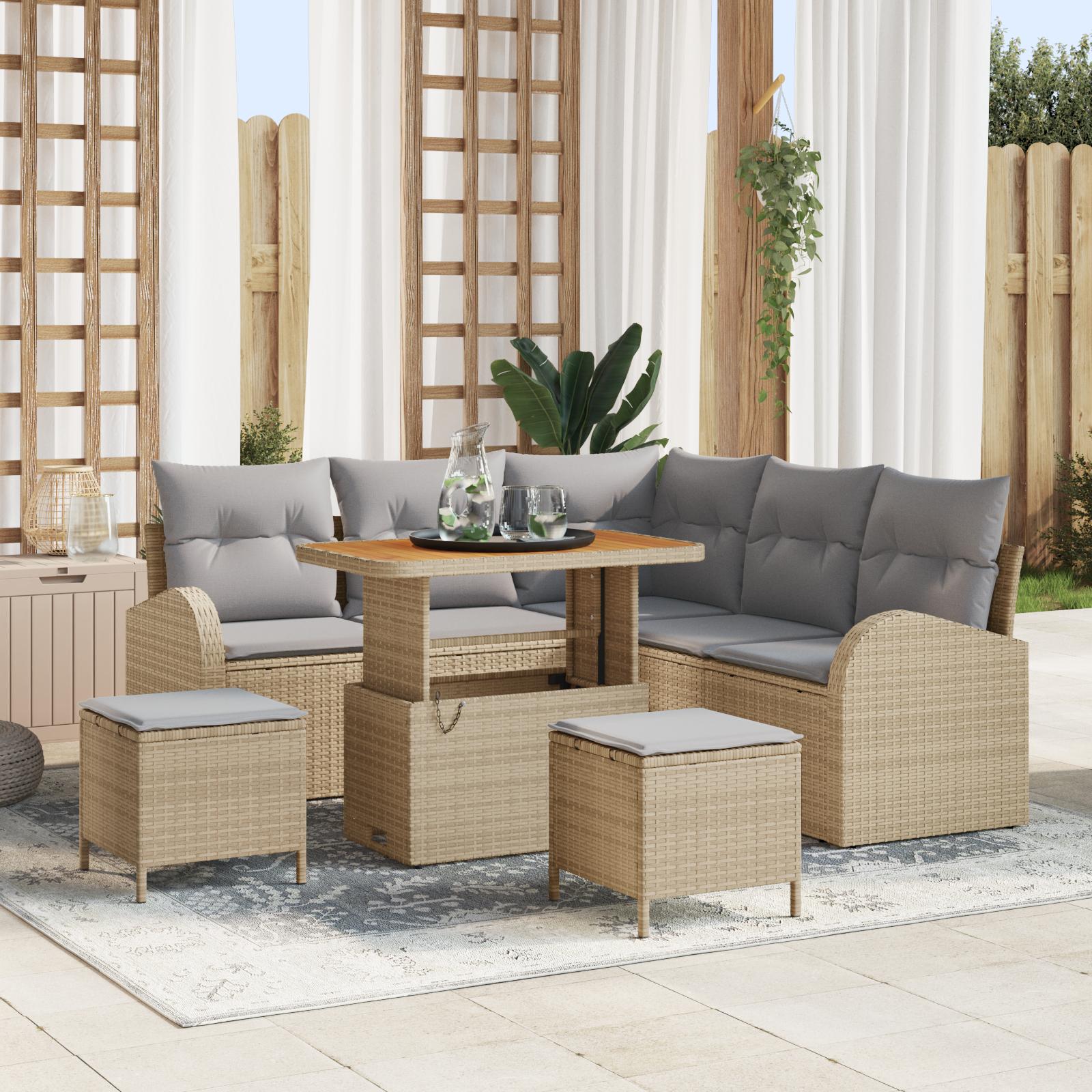 8-delt have sofa sæt med hynder beige poly rattan akacie,  2-sæder have sofa med hynder beige poly rattan,  3-delt have spise sæt med hynder beige poly rattan akacie
