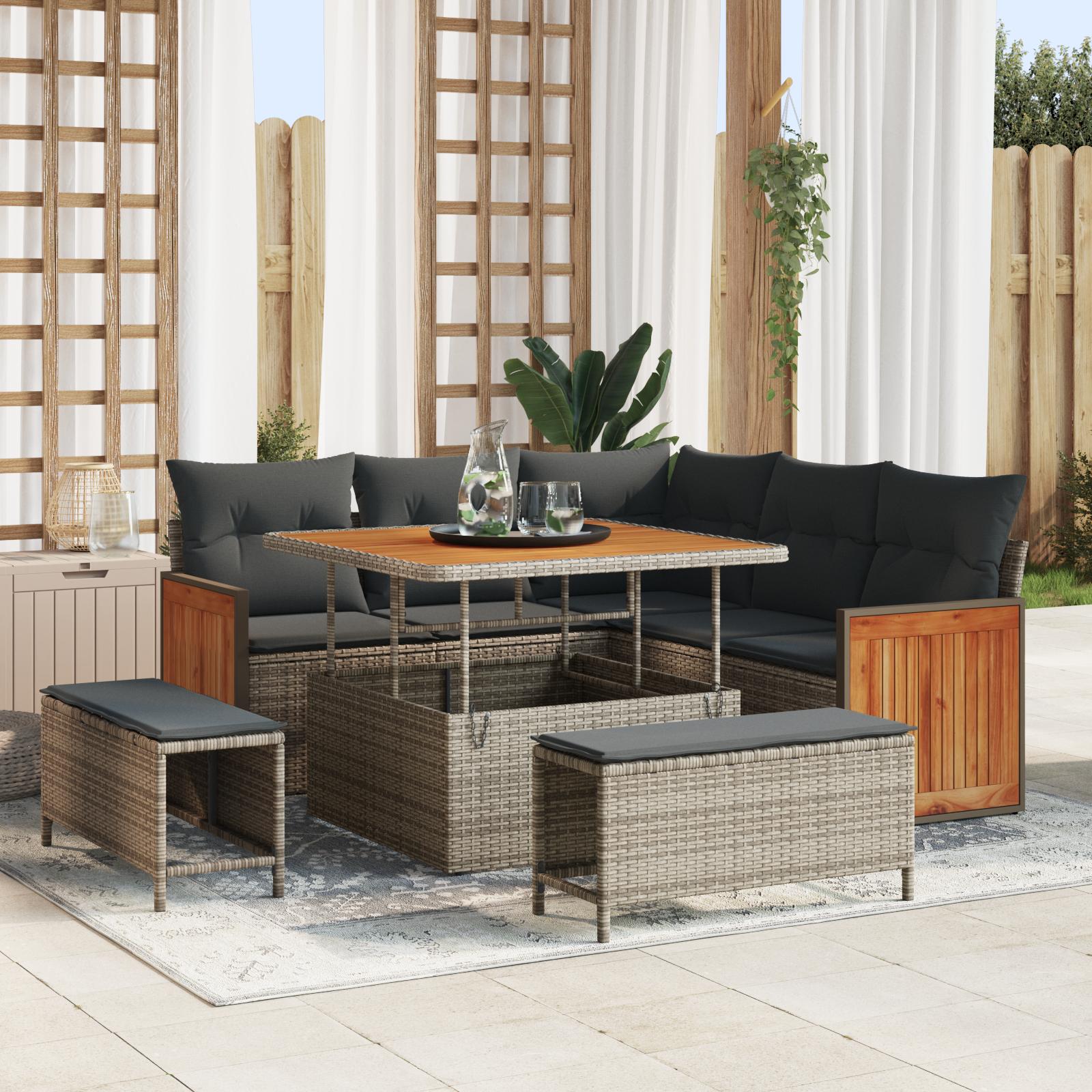 8 Stykke Have Sofa Sæt med Puder Grå Poly Rattan Akacie,  2-Sæde Have Sofa med Puder Grå Poly Rattan,  3 Stykke Have Spise Sæt med Puder Grå Poly Rattan Akacie