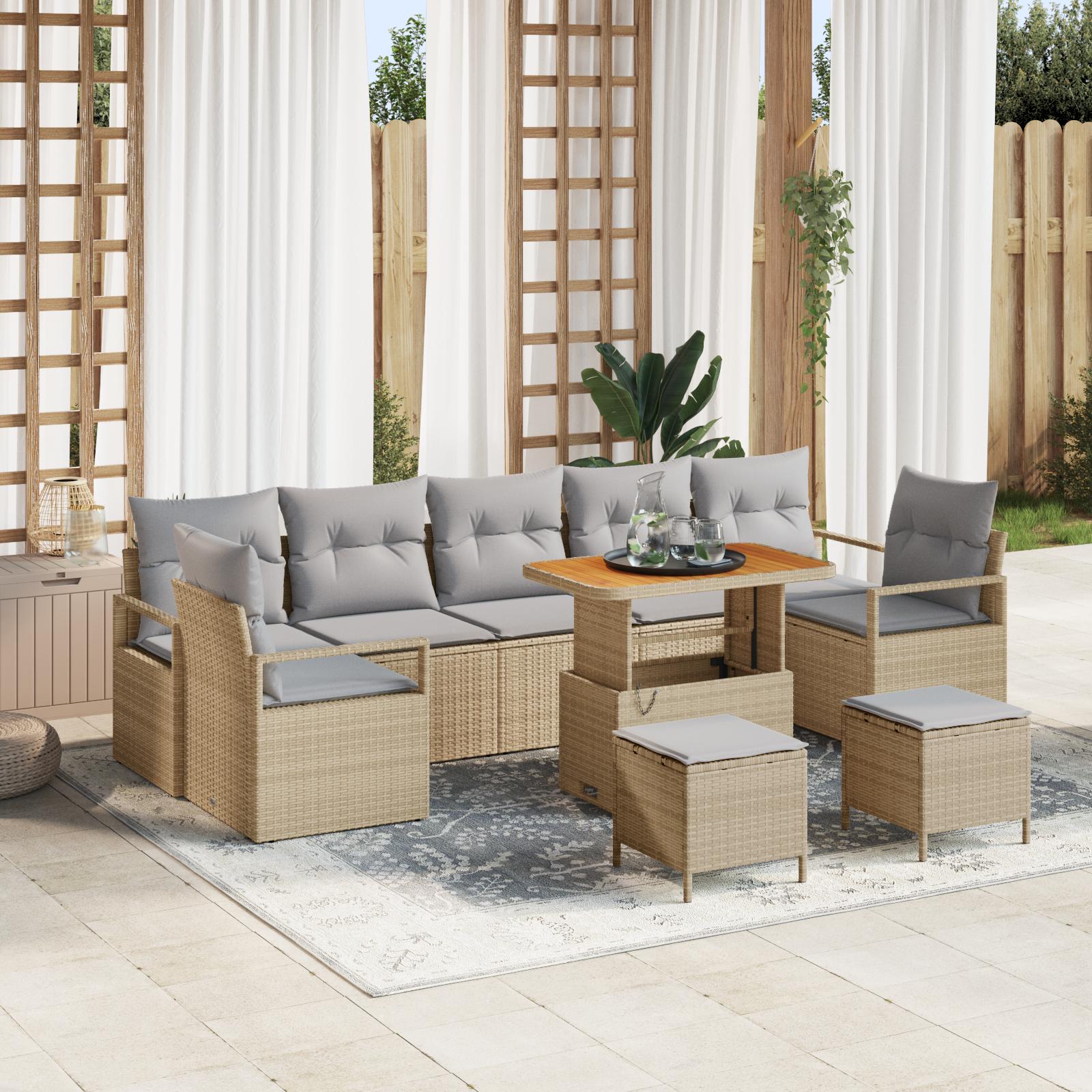 10 Stykker Have Sofa Sæt med Puder Beige Poly Rattan Akacia,  2-personers Have Sofa med Puder Beige Poly Rattan,  3 Stykker Have Spisesæt med Puder Beige Poly Rattan Akacia