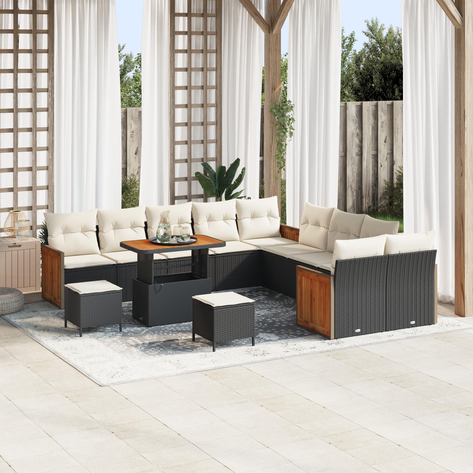 13-delers havemøbelsofa sæt med puder i sort poly rattan og akacie,  2-personers havemøbelsofa med puder i sort poly rattan,  3-delers havemøbelspisesæt med puder i sort poly rattan og akacie