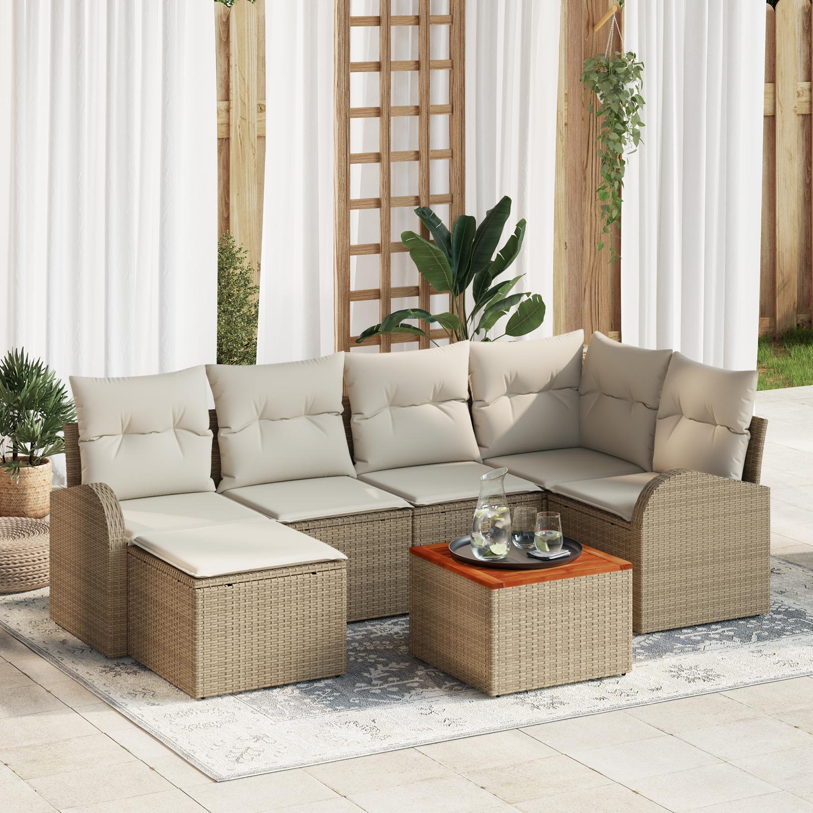 7 Delt Havemøbel Sofa Sæt med Hynder Beige Poly Rattan Akacietræ,  2-personers Havemøbel Sofa med Opbevaring & Hynder Beige Poly Rattan