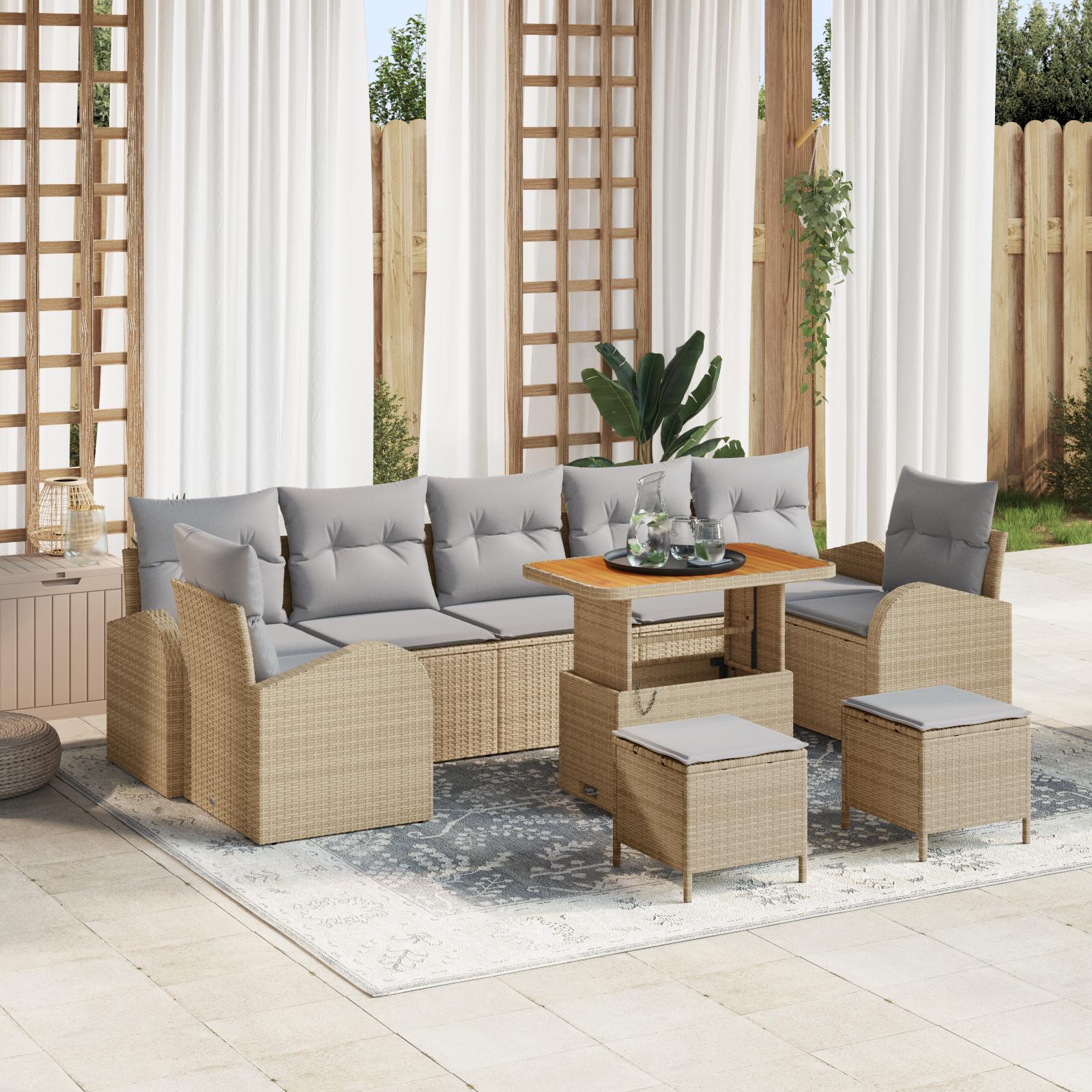10 Stykke Have Sofa Sæt med Puder Beige Poly Rattan Akacietræ,  2-Sæder Have Sofa med Opbevaring & Puder Beige Poly Rattan,  3 Stykke Have Spise Sæt med Puder Beige Poly Rattan Akacietræ