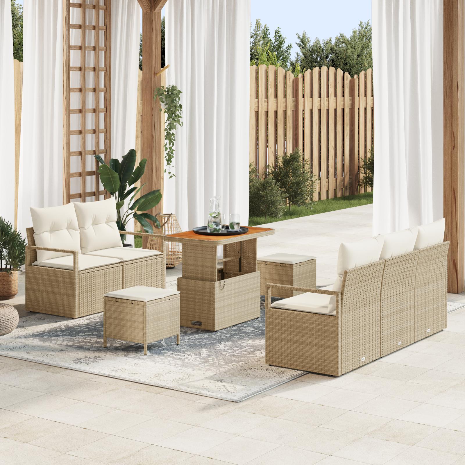8 Deles Have Sofa Sæt med Puder Beige Poly Rattan Akacia,  2-Sæders Have Sofa med Puder Beige Poly Rattan,  3 Deles Have Spisesæt med Puder Beige Poly Rattan Akacia