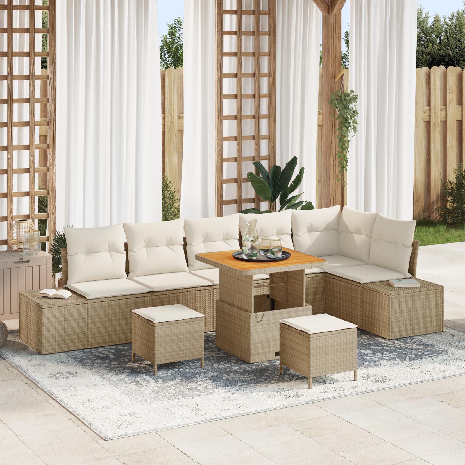 9 Stykke Have Sofa Sæt med Puder Beige Poly Rattan Akacia,  2-Sæders Have Sofa med Puder Beige Poly Rattan,  3 Stykke Have Spise Sæt med Puder Beige Poly Rattan Akacia