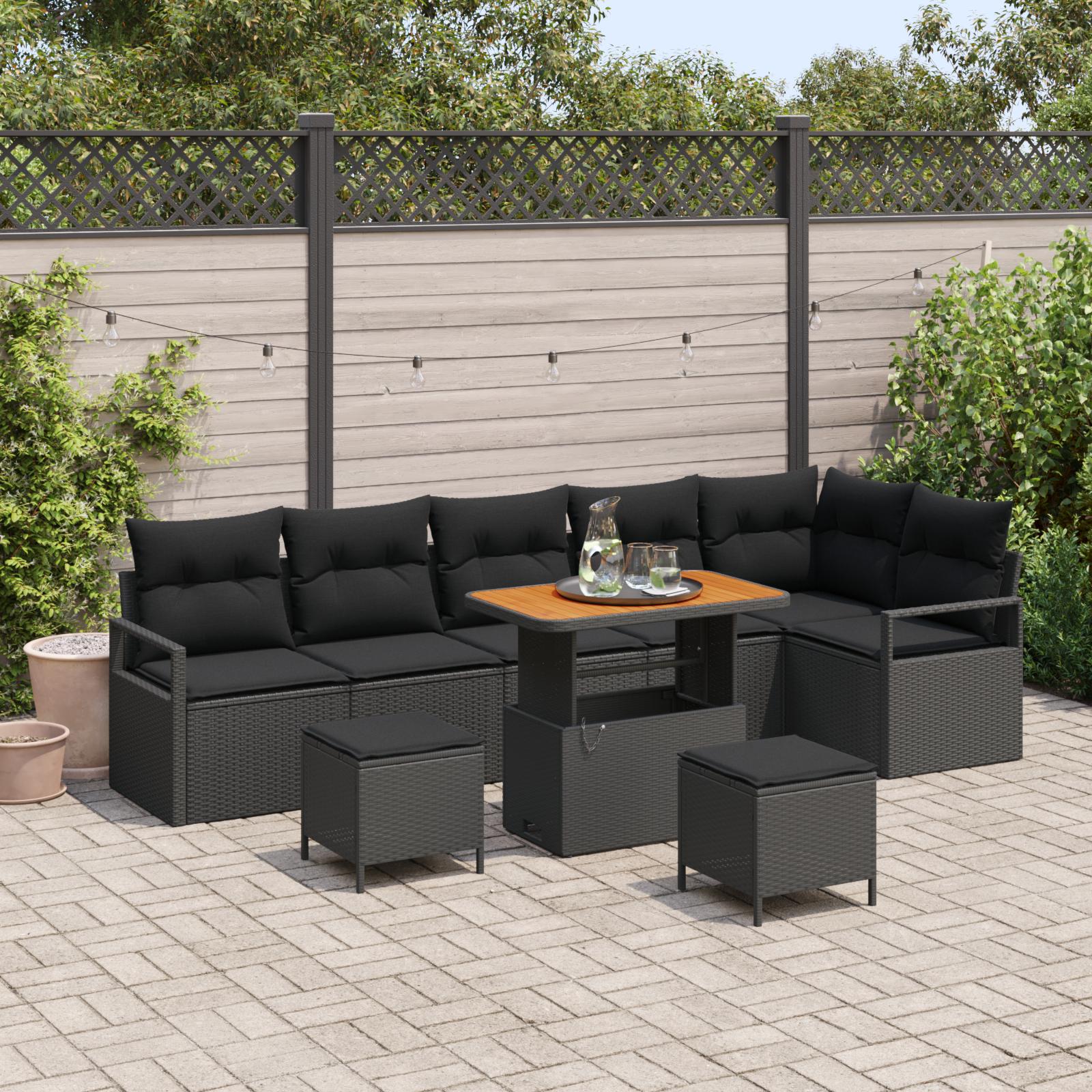 Havesofa Sæt med pude med opbevaring 9 stk Sort 90 x 55 x 71 cm billede