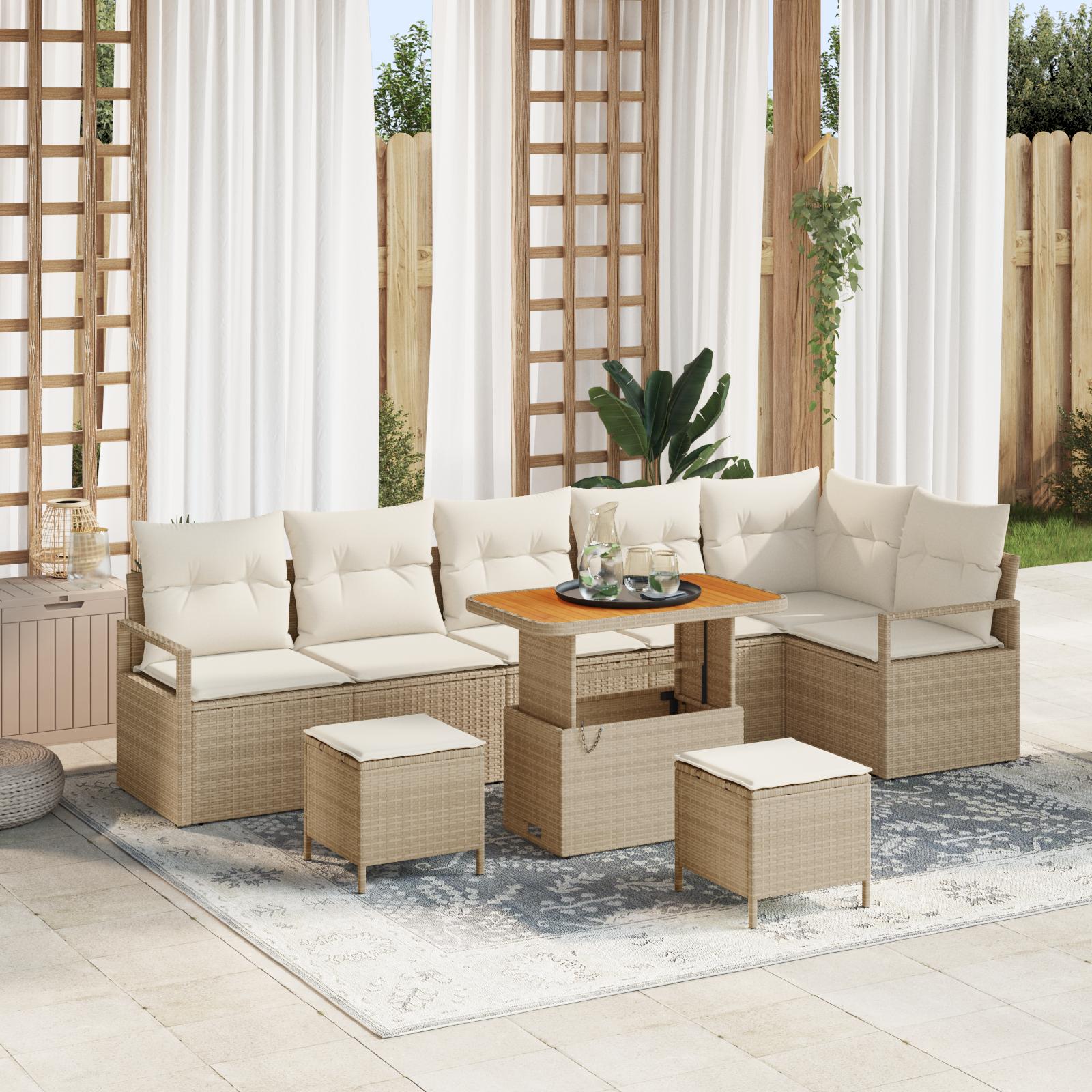 9 Stk Have Sofa Set med Puder Beige Poly Rattan Akacia,  2-personers Have Sofa med Puder Beige Poly Rattan,  3 Stk Have Spisesæt med Puder Beige Poly Rattan Akacia