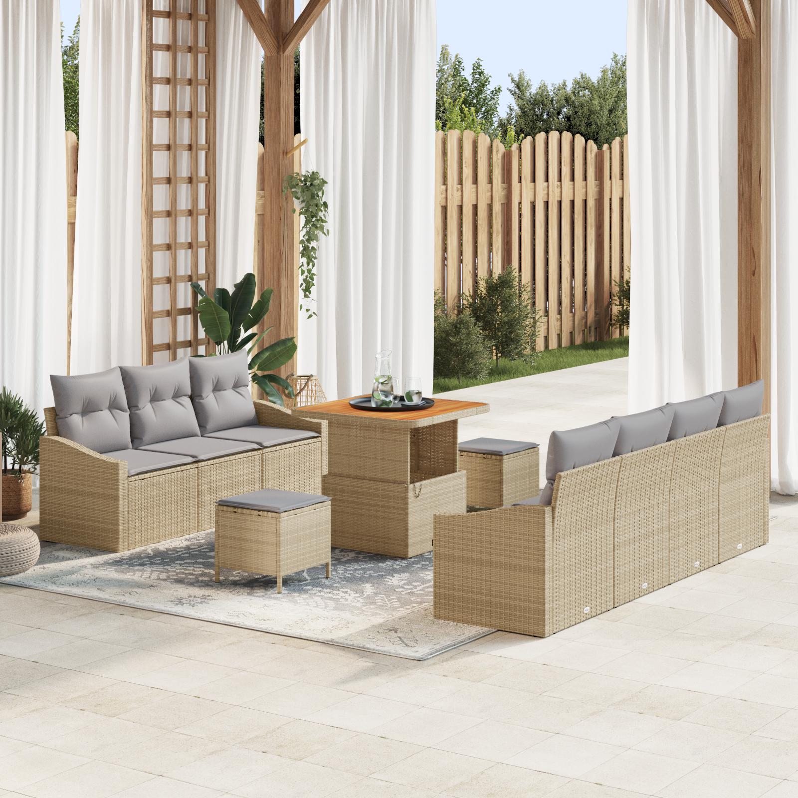 10 Stykker Havesofa Sæt Med Puder Beige Poly Rattan Akacia,  2-Sæders Havesofa Med Puder Beige Poly Rattan,  3 Stykke Havedining Sæt Med Puder Beige Poly Rattan Akacia