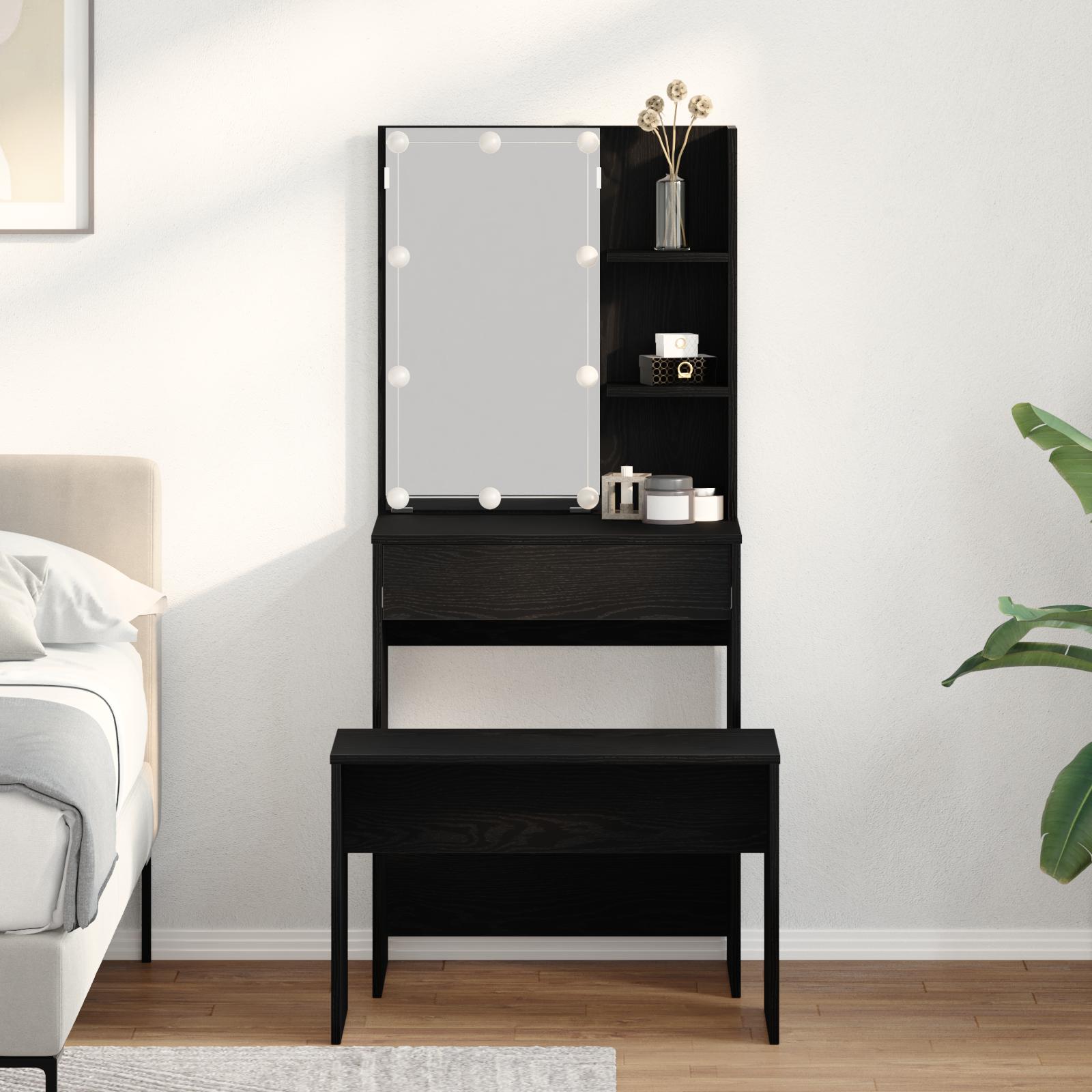 Dressing Table Set med LED Sort Eg Konstrueret Træ,  LED Dressing Table i Sort Eg, 60x40x140 cm, Lavet af Konstrueret Træ,  Dressing Stool Sort Eg 70x35x45 cm Konstrueret Træ