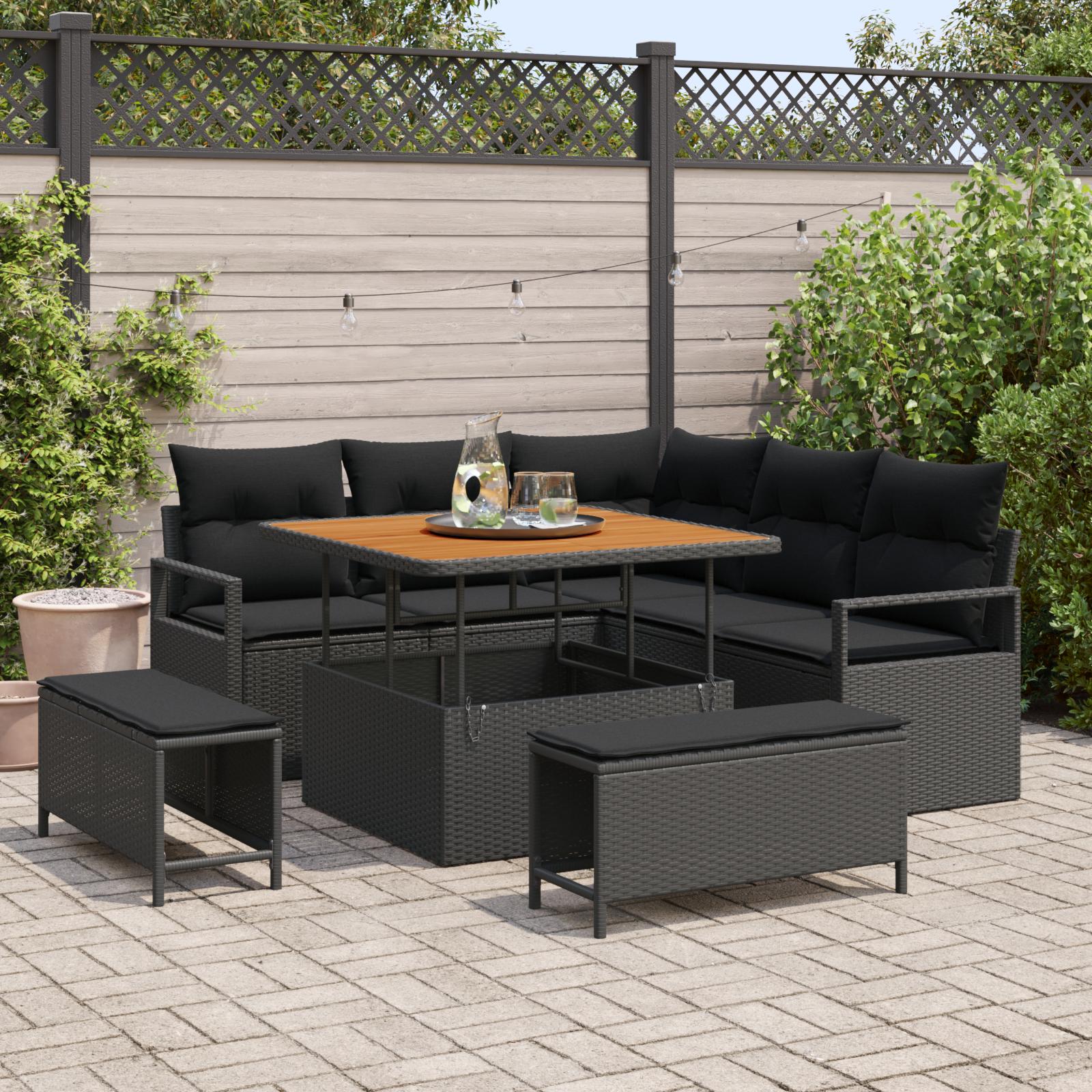 8 Stykker Havesofa Set med Puder Sort Poly Rattan Akacie,  2-Personers Havesofa med Puder Sort Poly Rattan,  3 Stykker Havedining Set med Puder Sort Poly Rattan Akacie
