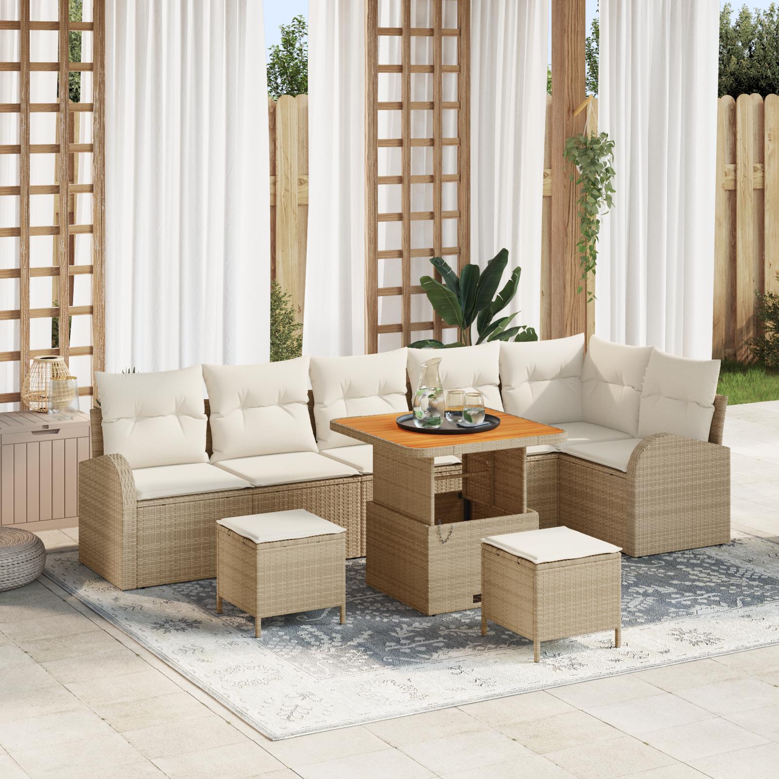 9-delers havesofasæt med puder beige poly rattan akacia,  2-personers havesofa med puder beige poly rattan,  3-delers have spisesæt med puder beige poly rattan akacia