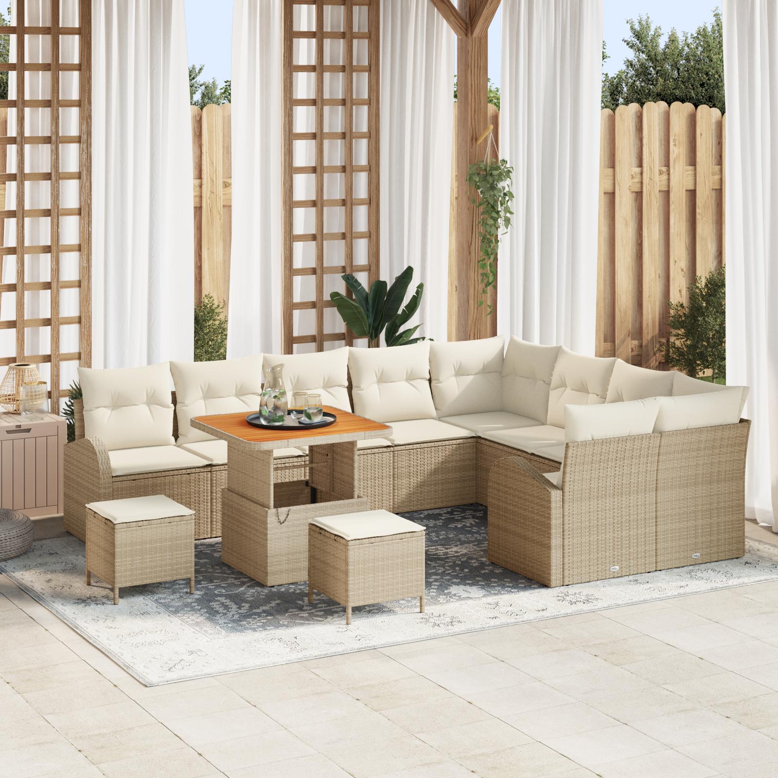 12 Stykke Have Sofa Sæt med Puder Beige Poly Rattan Akacia,  3 Stykke Have Spise Sæt med Puder Beige Poly Rattan Akacia,  2-Sæders Have Sofa med Puder Beige Poly Rattan