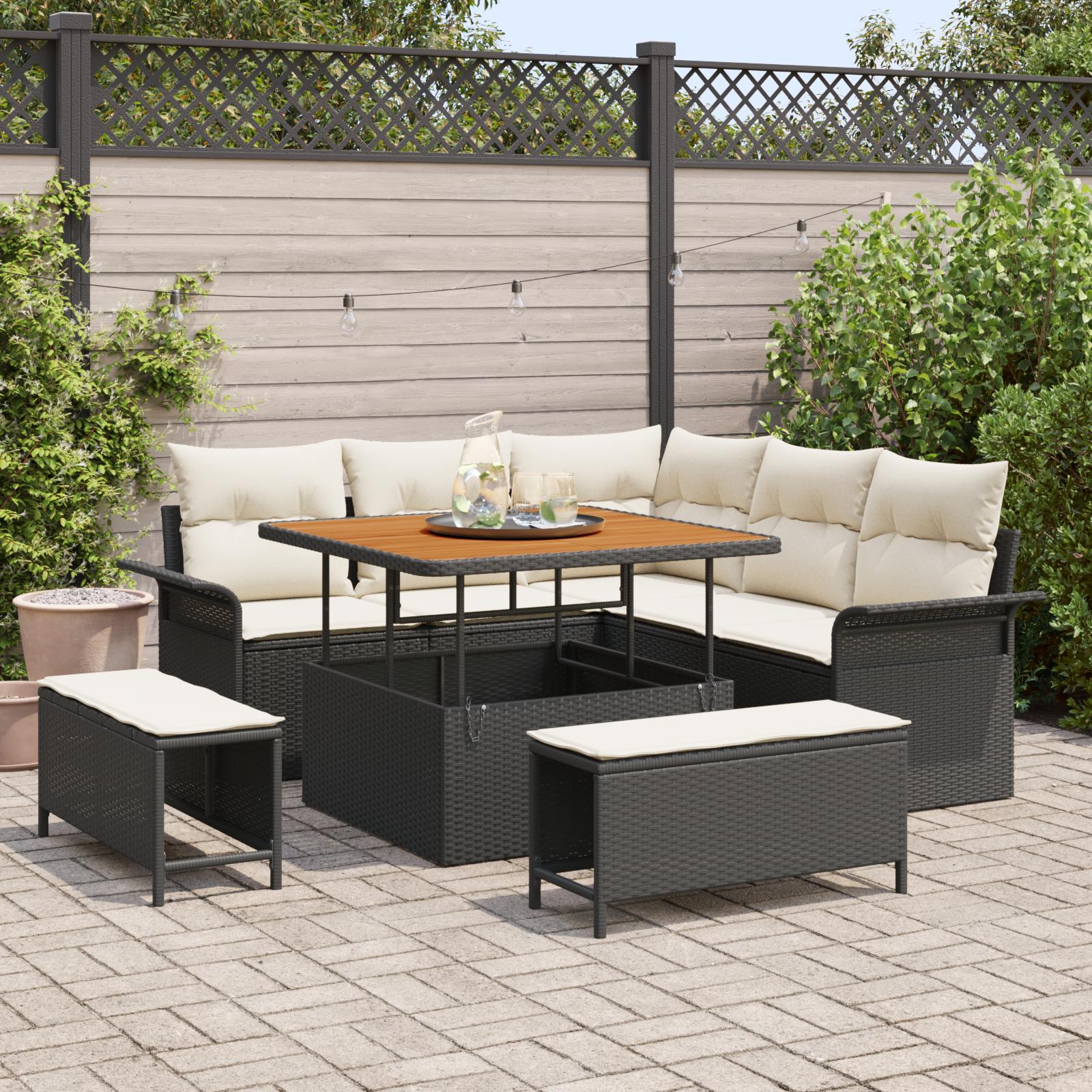 8-delt havesofa sæt med puder sort polyrattan acacia,  2-personers havesofa med puder sort polyrattan,  3-delt have spise sæt med puder sort polyrattan acacia