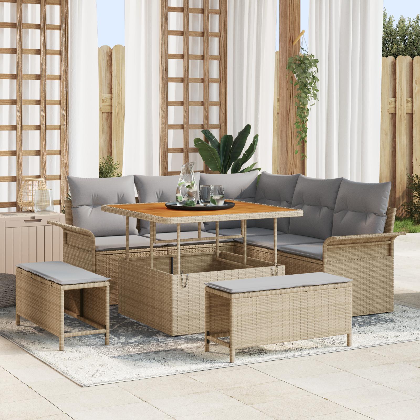 8 Stykke Have Sofa Sæt med Puder Beige Poly Rattan Akacia,  2-Sæders Have Sofa med Puder Beige Poly Rattan,  3 Stykke Have Spisesæt med Puder Beige Poly Rattan Akacia