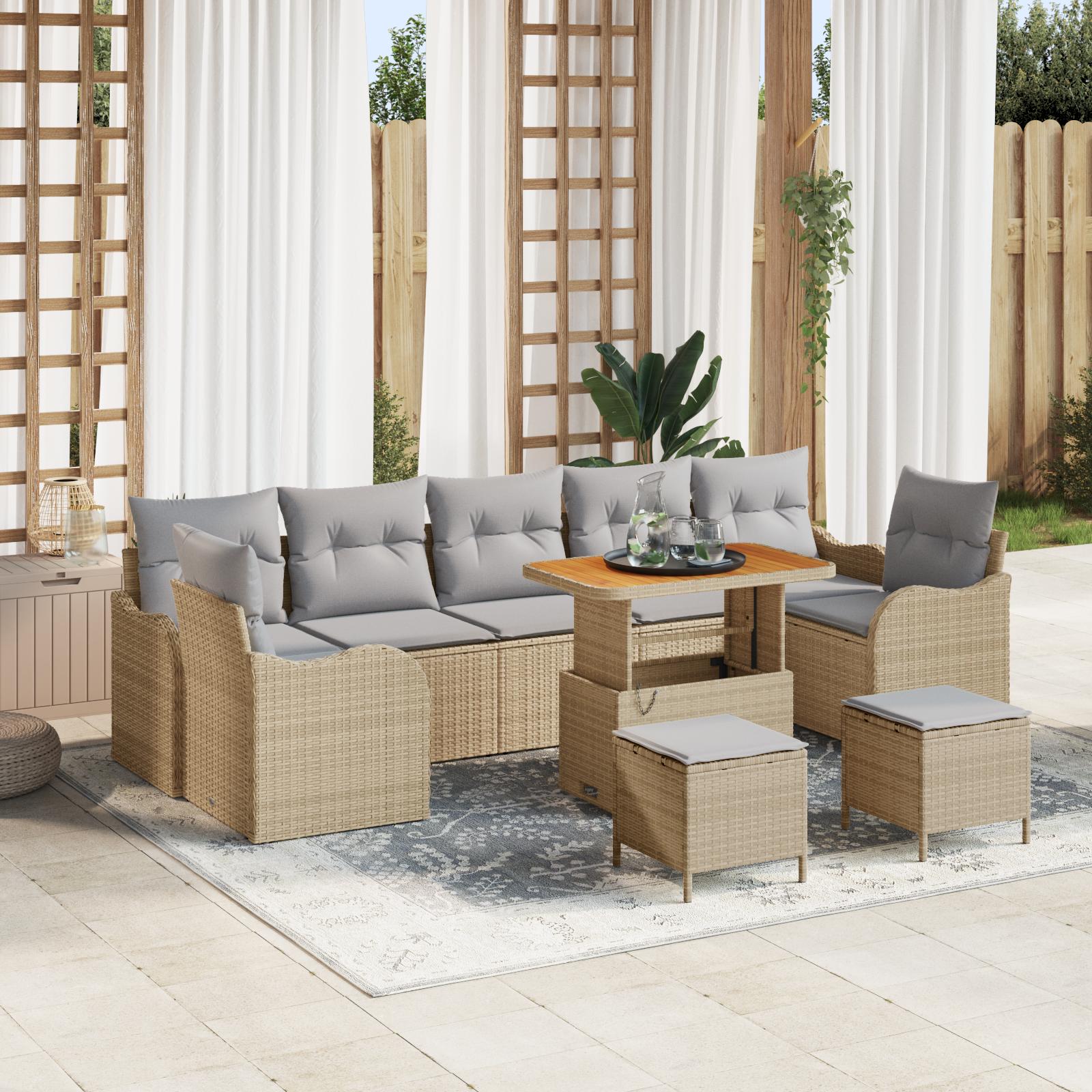 10-delt have-sofa sæt med puder beige poly rattan akacie,  2-personers have-sofa med puder beige poly rattan,  3-delt have spise sæt med puder beige poly rattan akacie