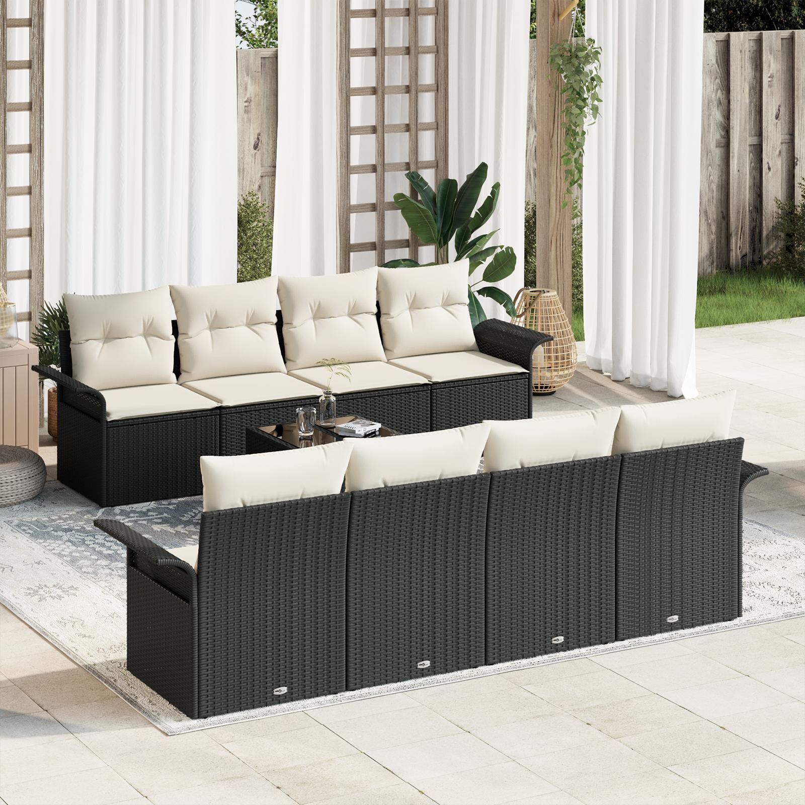 9-delt Have Sofa Sæt med Puder Sort Poly Rattan, {en-US= 2-sæders Have Sofa med Opbevaring & Puder Sort Poly Rattan, fr-FR=Canapé de jardin 2 places  avec rangement et coussins en poly rotin noir, fr-CA=Canapé de jardin 2 places  avec rangement et coussi