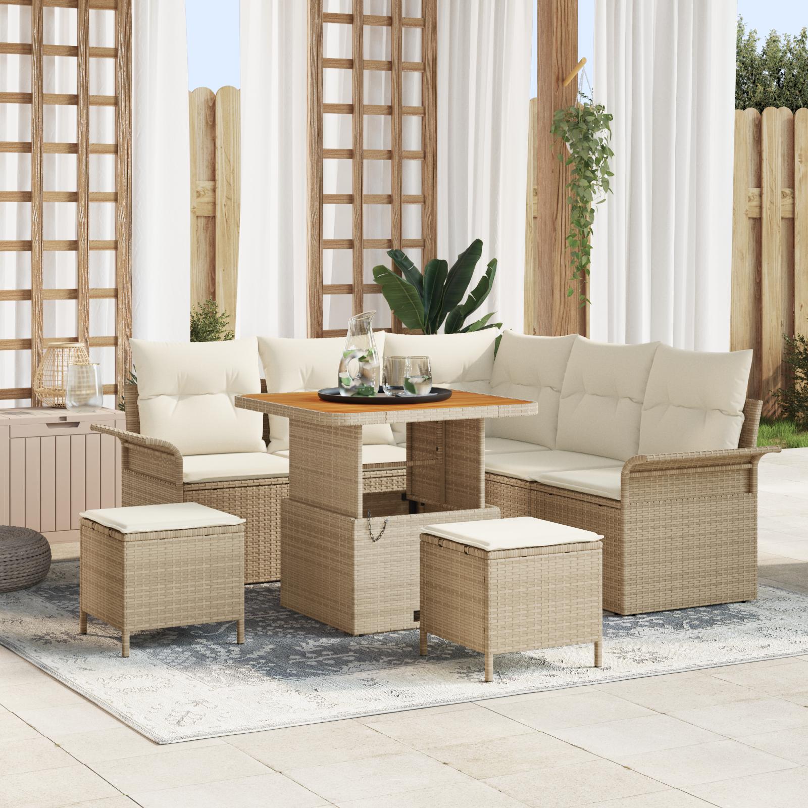 8 Styk Have Sofa Sæt med Puder Beige Poly Rattan Akacie,  2-Sæders Have Sofa med Puder Beige Poly Rattan,  3 Styk Have Spise Sæt med Puder Beige Poly Rattan Akacie