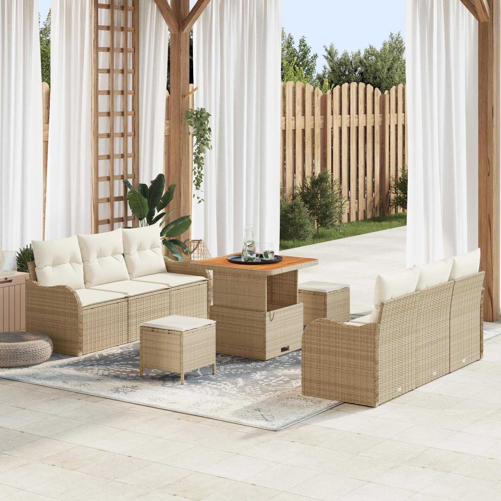 9 Stykke Havemøbel Sæt Med Hynder Beige Poly Rattan Akacie,  2-Sæders Havemøbel Med Hynder Beige Poly Rattan,  3 Stykke Havemøbel Sæt Med Hynder Beige Poly Rattan Akacie