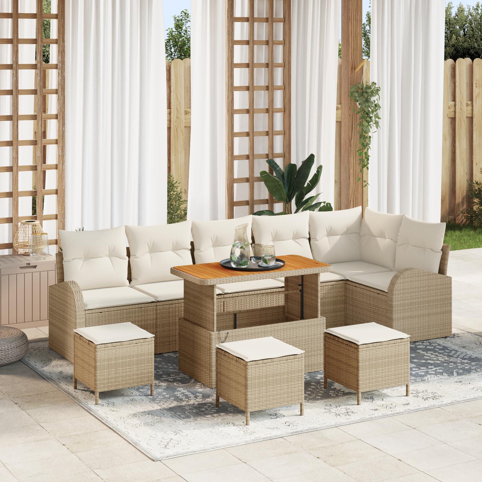 10-delt havemøbelsæt med puder Beige Poly Rattan Akacia,  2-personers havemøbelsofa med puder Beige Poly Rattan,  4-delt havemiddagsæt med puder Beige Poly Rattan Akacia